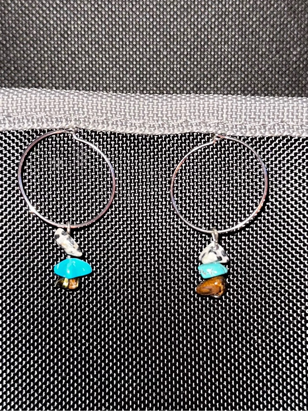 Sterling-Style Hoop Earrings with Turquoise and Brown Stone Charms